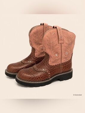 Ariat Brown Croc-Embossed Leather & Pink Suede Western Combat Boots